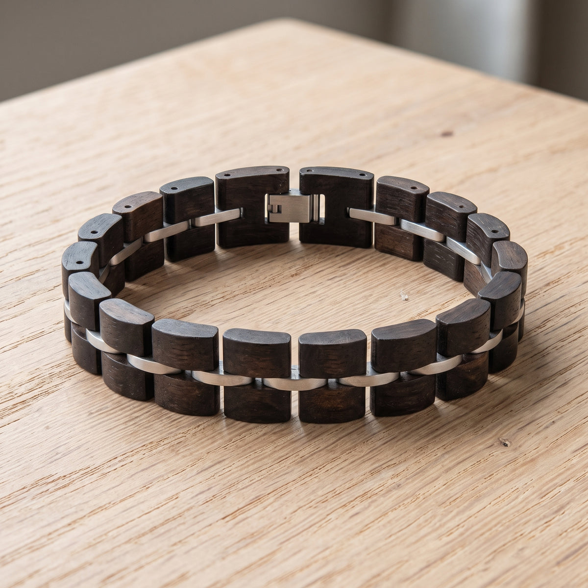Dark ebony wood link bracelet with metal clasp and adjustable fit, Overpowered Accessories