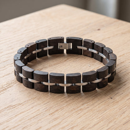 Dark ebony wood link bracelet with metal clasp and adjustable fit, Overpowered Accessories