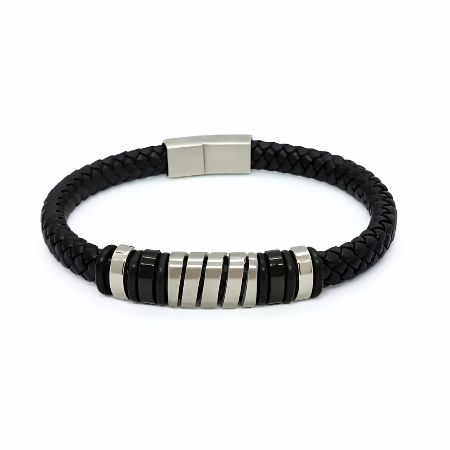 Men's Cobalt Nexus Bundle B-124 B-87 bracelet featuring a braided black leather band with metallic accents.