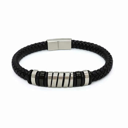 Men's Cobalt Nexus Bundle B-124 B-87 bracelet featuring a braided black leather band with metallic accents.