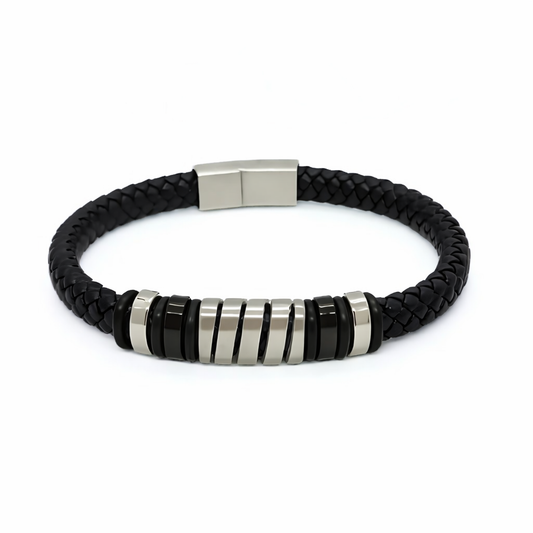 Men's Cobalt Nexus Bundle B-124 B-87 bracelet featuring a braided black leather band with metallic accents.