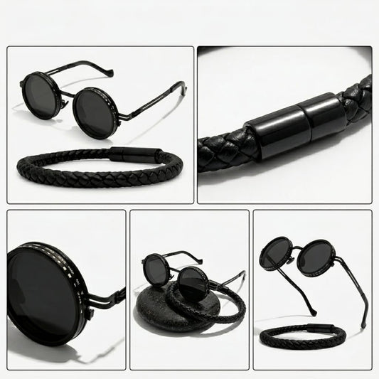Men's accessory set: black round sunglasses and black braided bracelet details