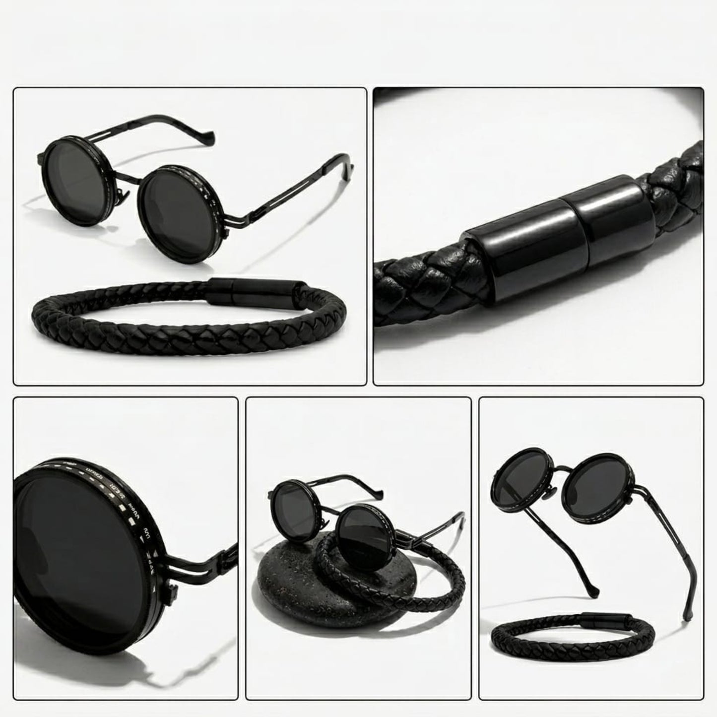 Obsidian Apex Bundle B-106 SG-001 featuring a men's bracelet and round black sunglasses with a braided design.