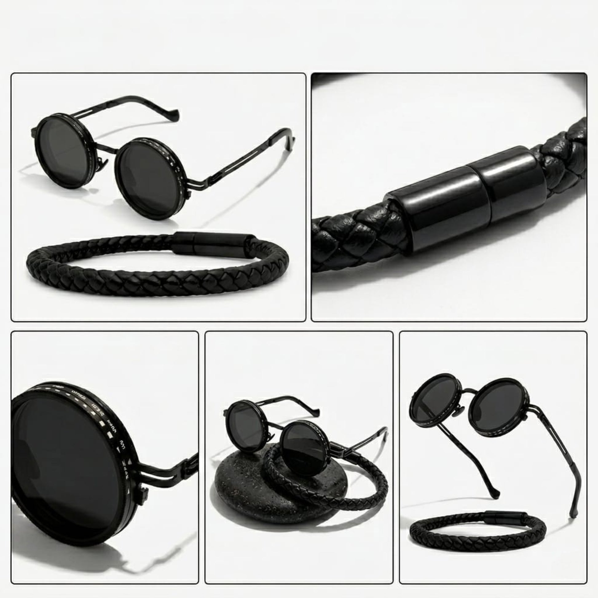 Obsidian Apex Bundle B-106 SG-001 featuring a men's bracelet and round black sunglasses with a braided design.