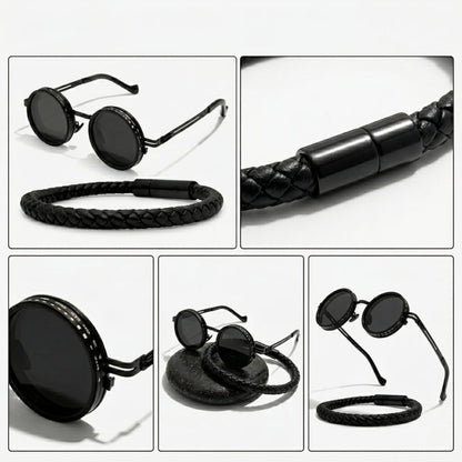Obsidian Apex Bundle B-106 SG-001 featuring a men's bracelet and round black sunglasses with a braided design.