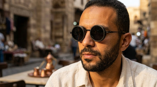 Men's Stone & Shade Bundle G-9 SG-001 featuring stylish sunglasses and bracelets, set against an Egyptian street backdrop.