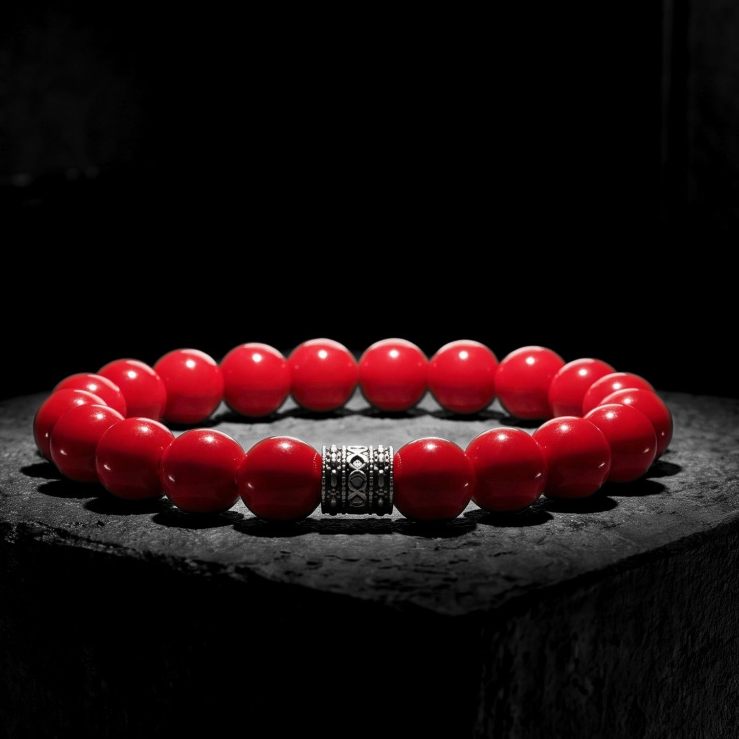 Men's red beaded agate bracelet with silver-tone patterned center spacer