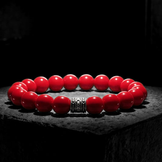 Men's red beaded agate bracelet with silver-tone patterned center spacer