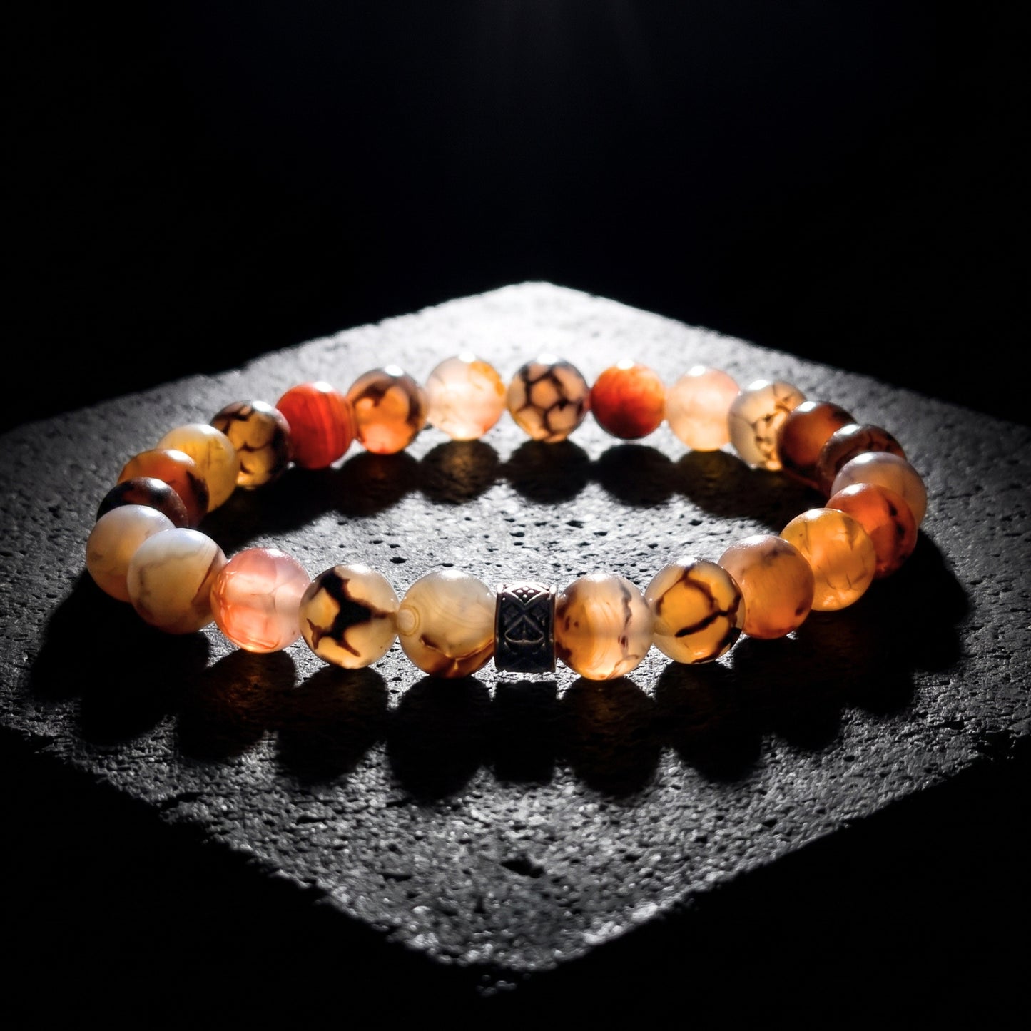 Men's natural agate bead bracelet with multi-color stones and a small silver centerpiece