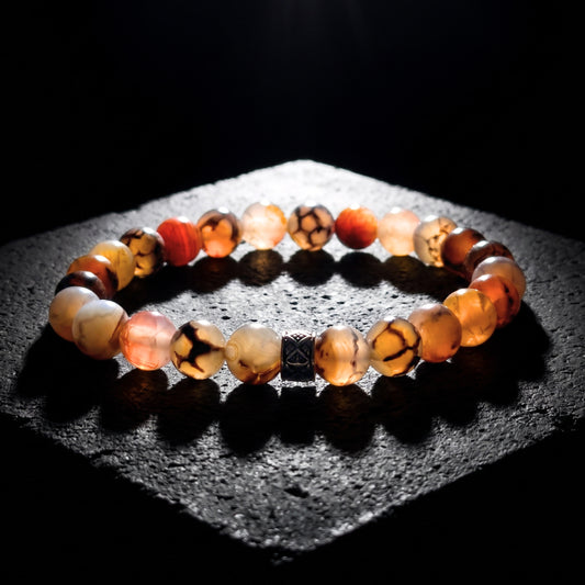 Men's natural agate bead bracelet with multi-color stones and a small silver centerpiece