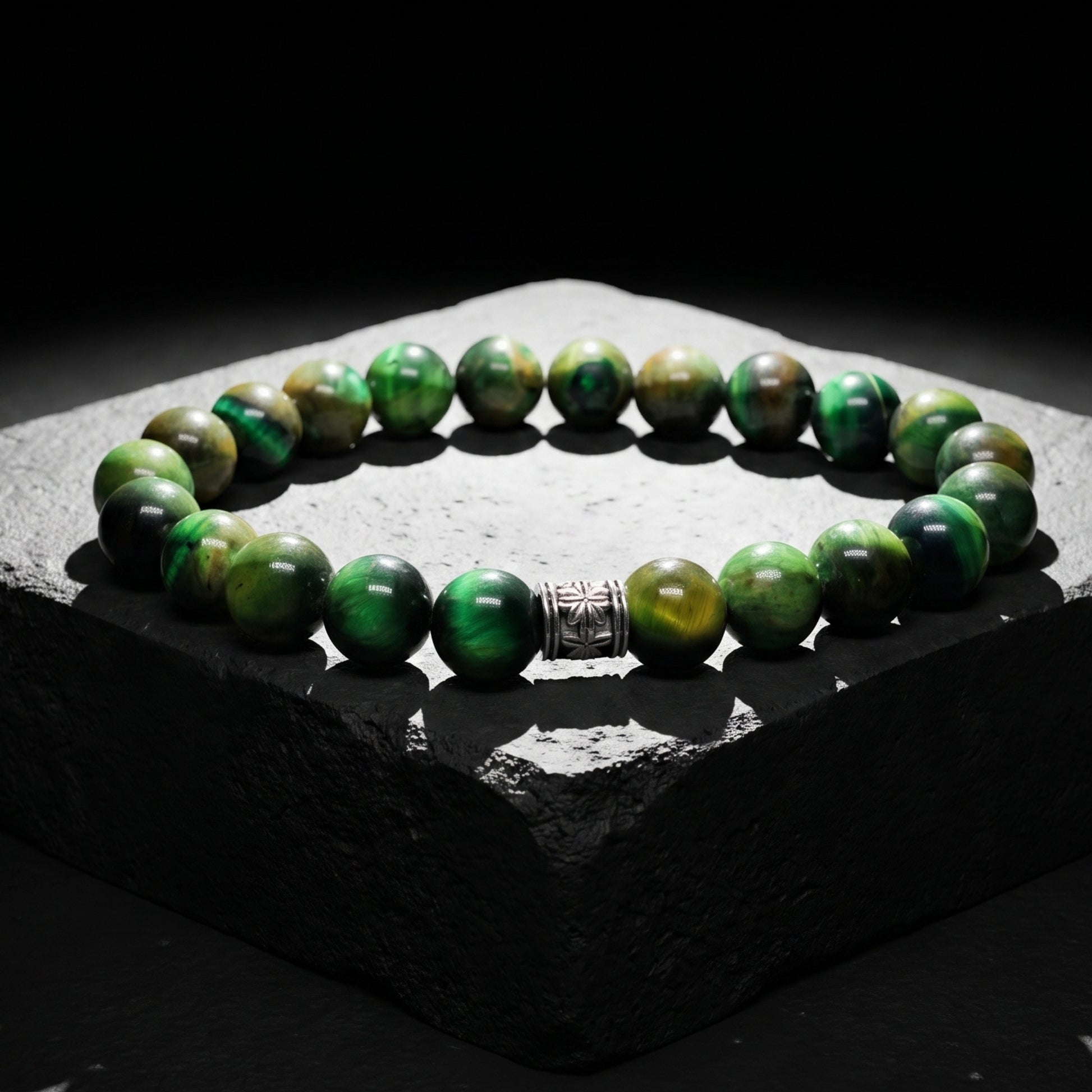 Men's green tiger eye bead bracelet with silver-toned center clasp