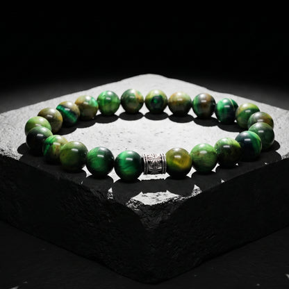 Men's green tiger eye bead bracelet with silver-toned center clasp